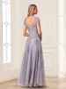 A-Line/Princess Sheer Neck Short Sleeves Long Formal Evening Dresses with Beading & Appliques sold by Lavetir