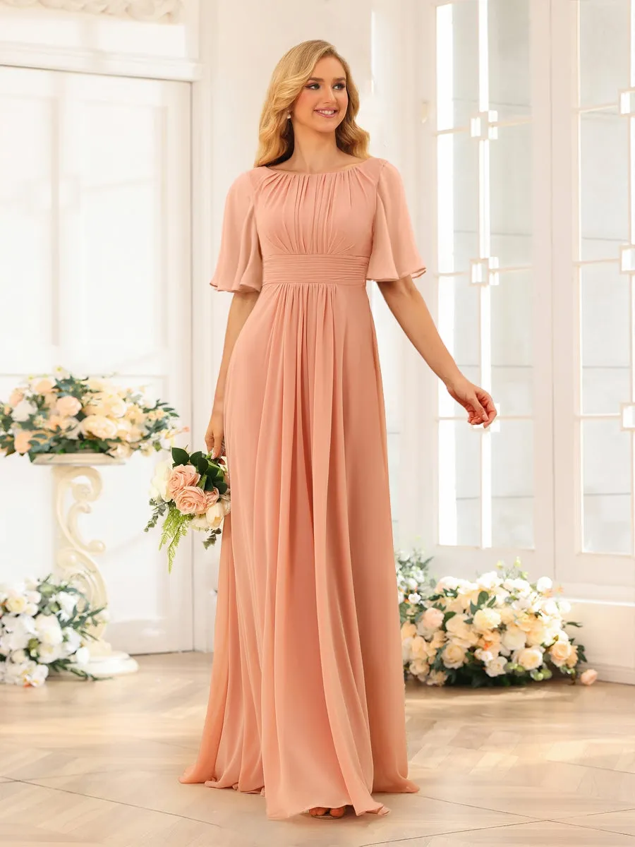 A-Line/Princess Floor-Length Short Sleeves Bridesmaid Dresses with Sash sold by Lavetir