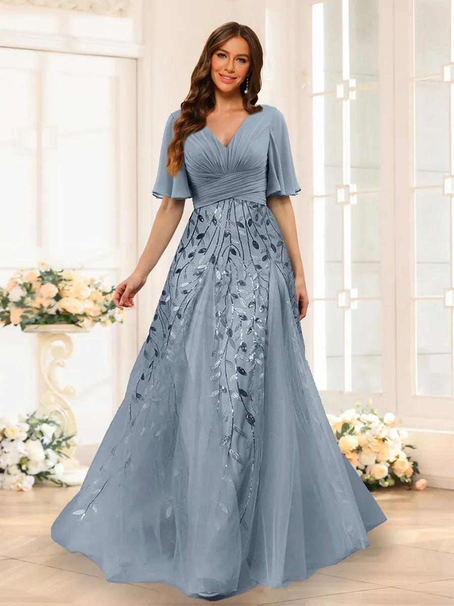 A-Line V-Neck Half Sleeves Split Side Chiffon Bridesmaid Dresses With Appliques sold by Lavetir
