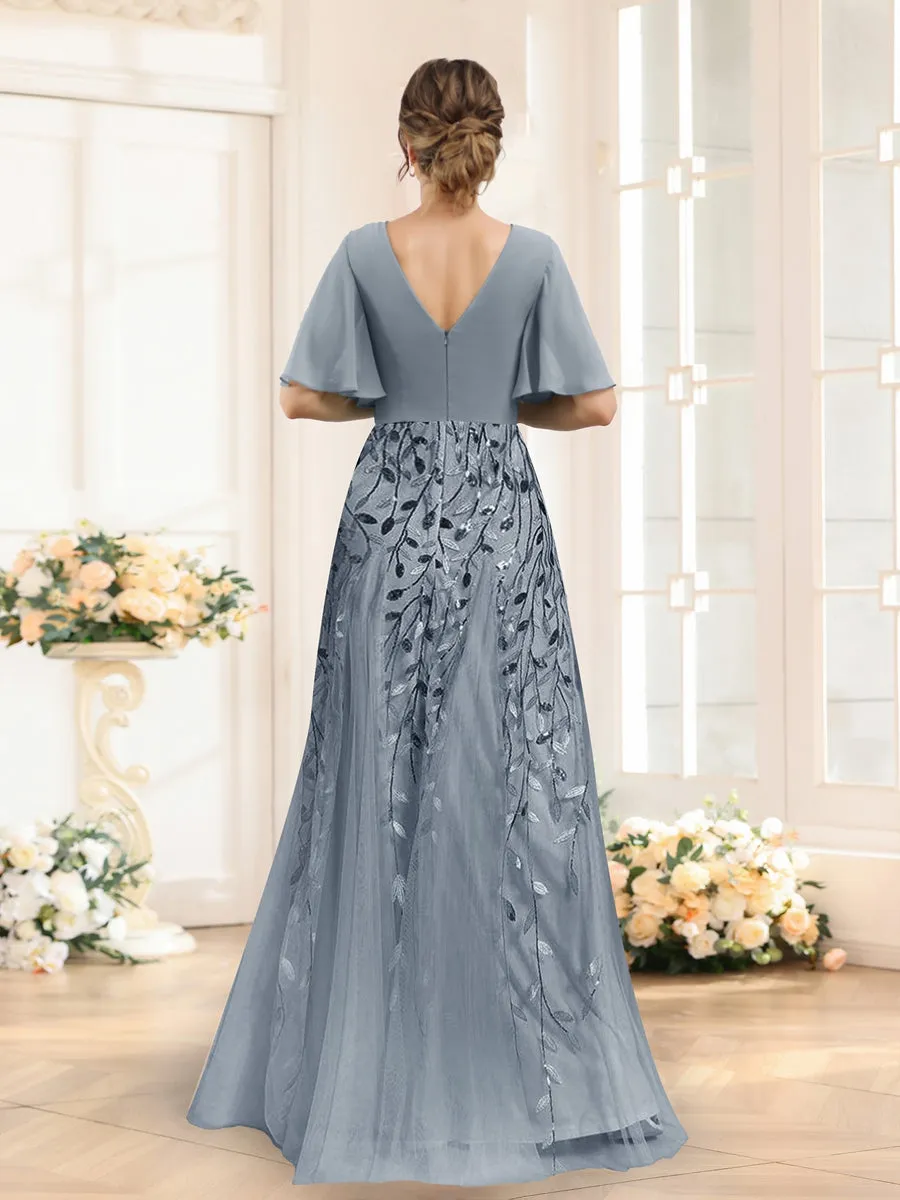 A-Line V-Neck Half Sleeves Split Side Chiffon Bridesmaid Dresses With Appliques sold by Lavetir product image thumbnail 2
