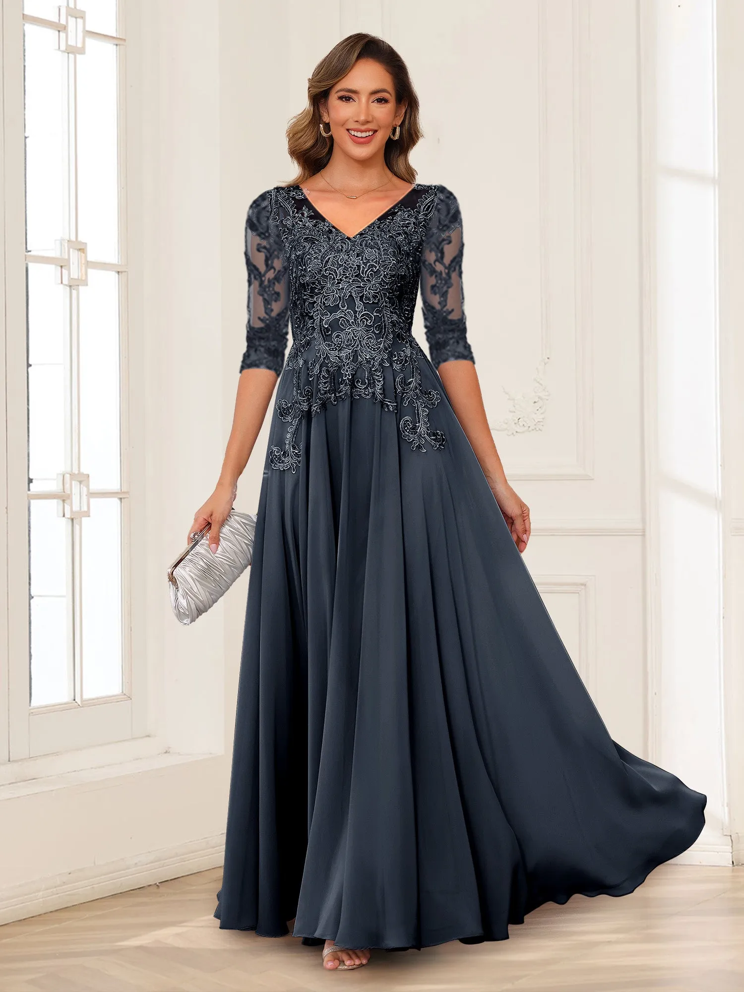 A-Line/Princess V-Neck Long Sleeves Chiffon Mother of the Bride Dresses with Applique sold by Lavetir