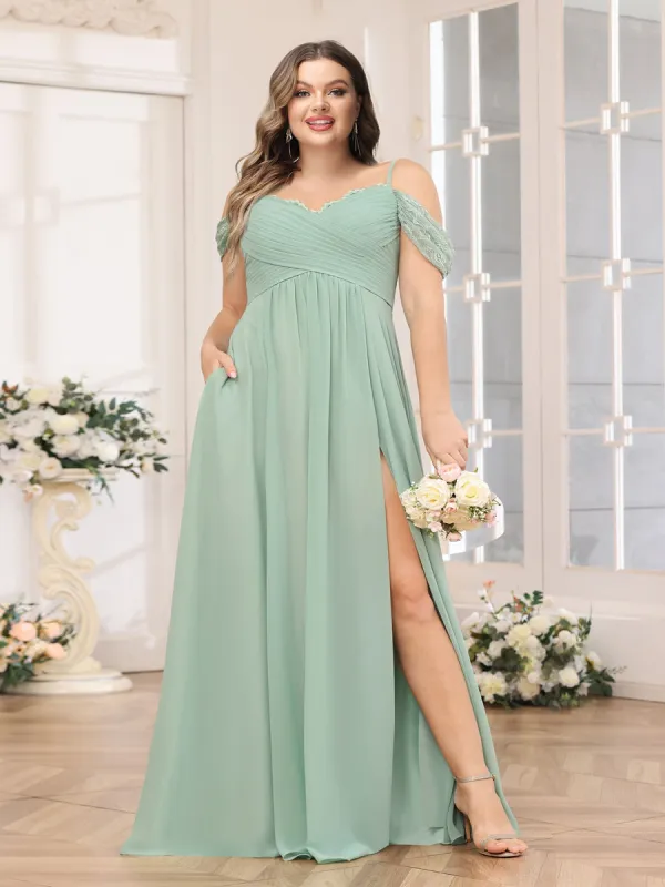 A-Line/Princess Spaghetti Straps Long Plus Size Wedding Party Dresses with Split Side & Pockets sold by Lavetir