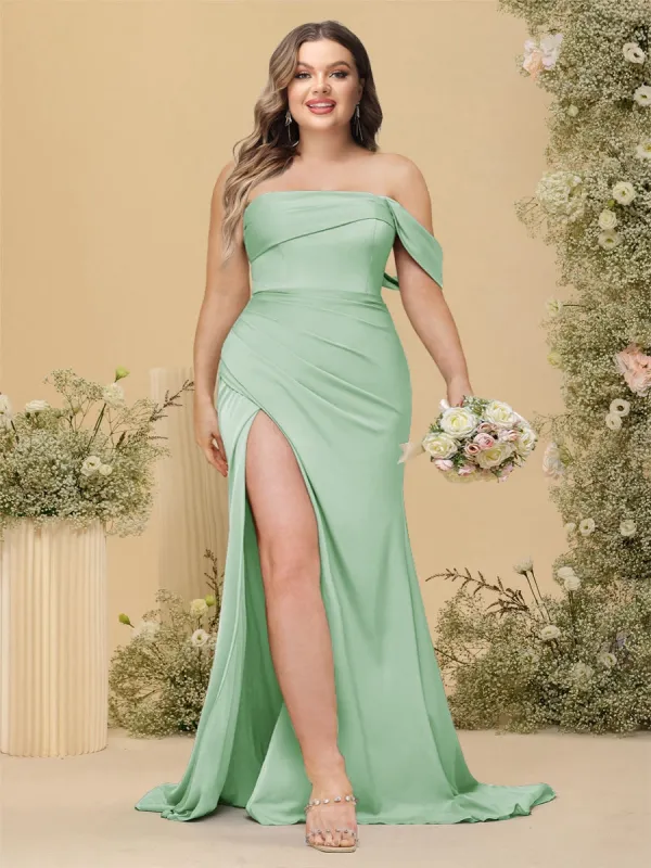 Sheath/Column Off-the-Shoulder Long Plus Size Formal Dresses with Split Side sold by Lavetir