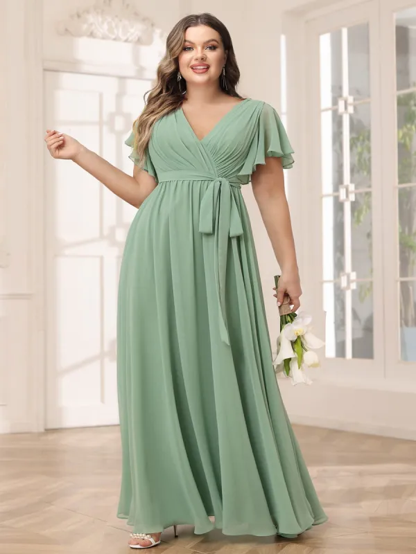 A-Line/Princess V-Neck Short Sleeves Long Plus Size Bridesmaid Dresses with Sash sold by Lavetir