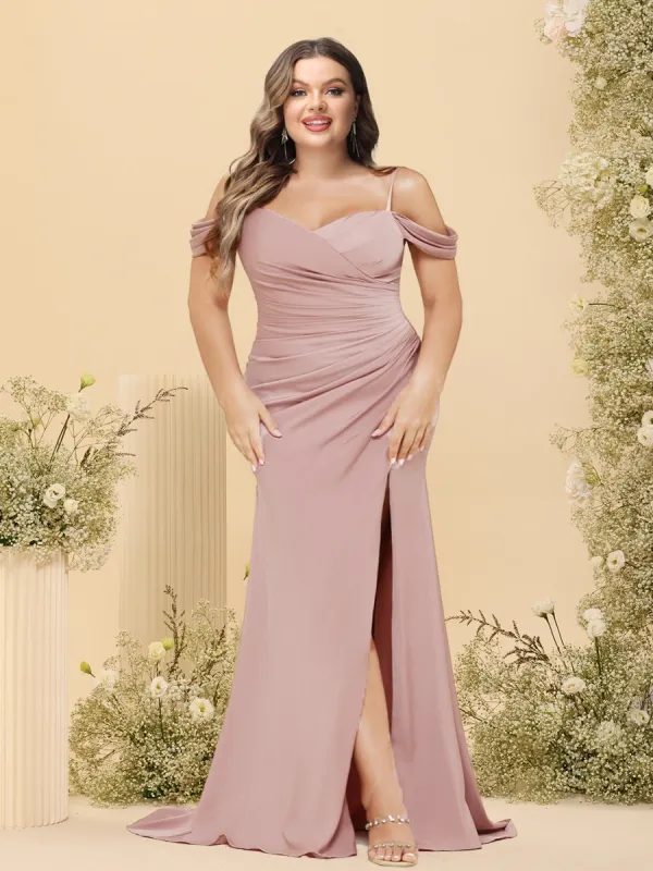 Sheath/Column Off-the-Shoulder Spaghetti Straps Long Plus Size Formal Dresses with Split Side sold by Lavetir