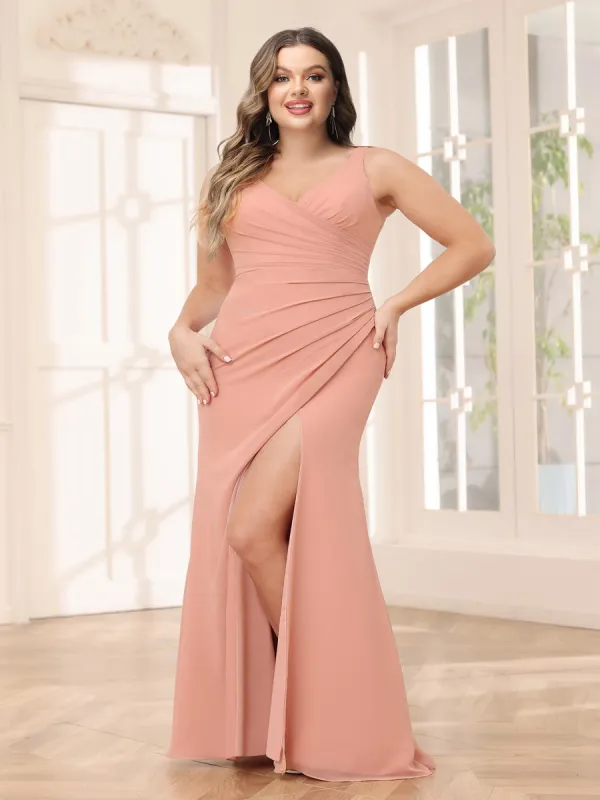 Sheath/Column V-Neck Long Plus Size Bridesmaid Dresses with Split Side sold by Lavetir