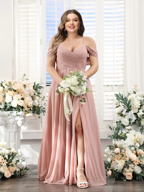 A-Line V-Neck Spaghetti Straps Split Side Floor-Length Chiffon Plus Size Bridesmaid Dresses sold by Lavetir