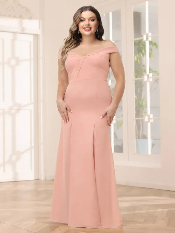 Sheath/Column Off-the-Shoulder Long Plus Size Bridesmaid Dresses with Split Side sold by Lavetir