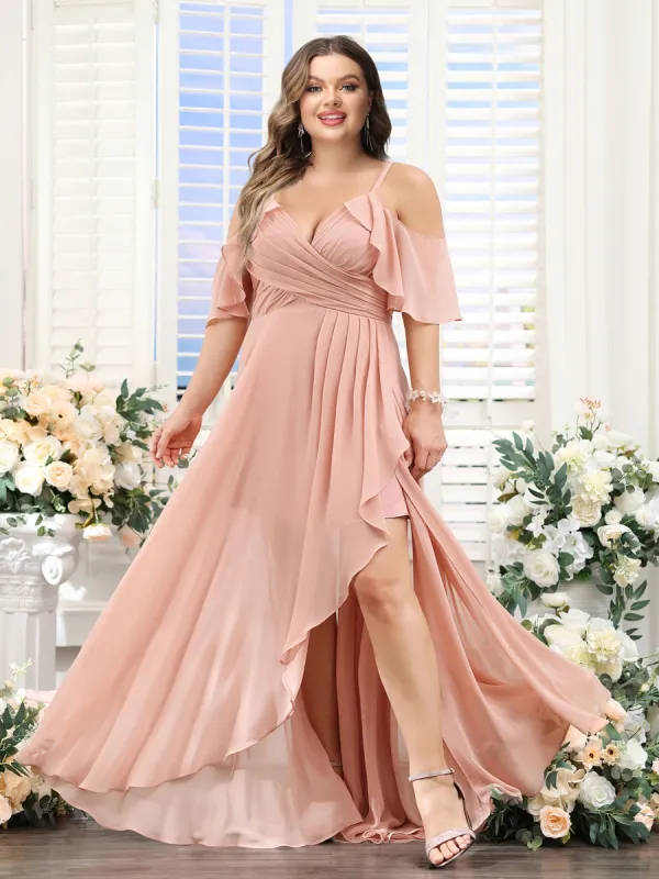 A-Line V-Neck Spaghetti Straps Short Sleeves Asymmetrical Chiffon Plus Size Bridesmaid Dresses sold by Lavetir
