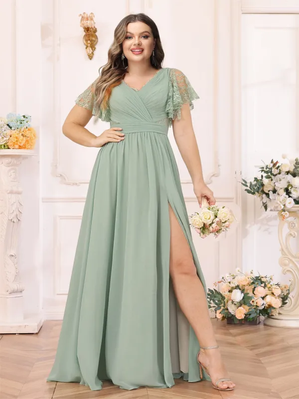 A-Line/Princess V-Neck Long Plus Size Wedding Party Dresses with Split Side & Pockets sold by Lavetir