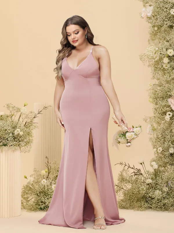 Sheath/Column V-Neck Spaghetti Straps Long Plus Size Formal Dresses with Split Side sold by Lavetir