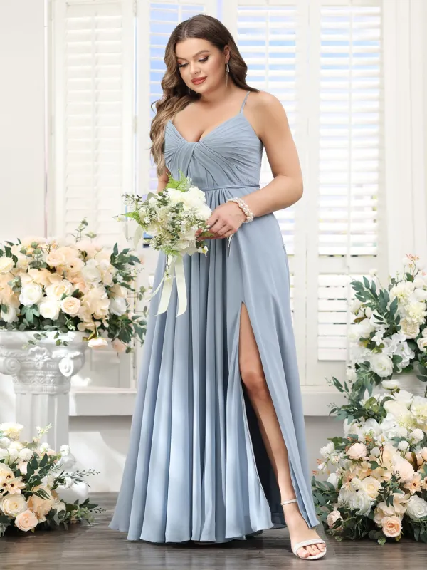 A-Line Ruched V-Neck Spaghetti Straps Split Side Floor-Length Chiffon Plus Size Bridesmaid Dresses sold by Lavetir