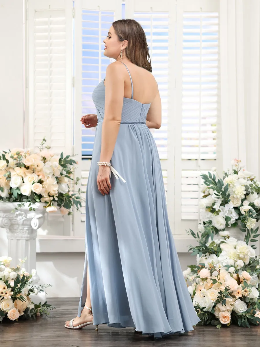 A-Line Ruched V-Neck Spaghetti Straps Split Side Floor-Length Chiffon Plus Size Bridesmaid Dresses sold by Lavetir product image thumbnail 2