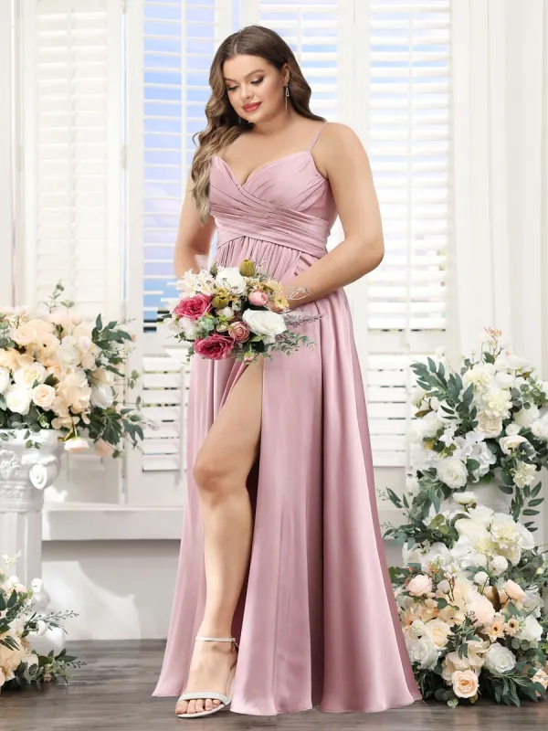 A-Line Spaghetti Straps Sleeveless Ruched Split Side Floor-Length Silk Satin Plus Size Bridesmaid Dresses sold by Lavetir