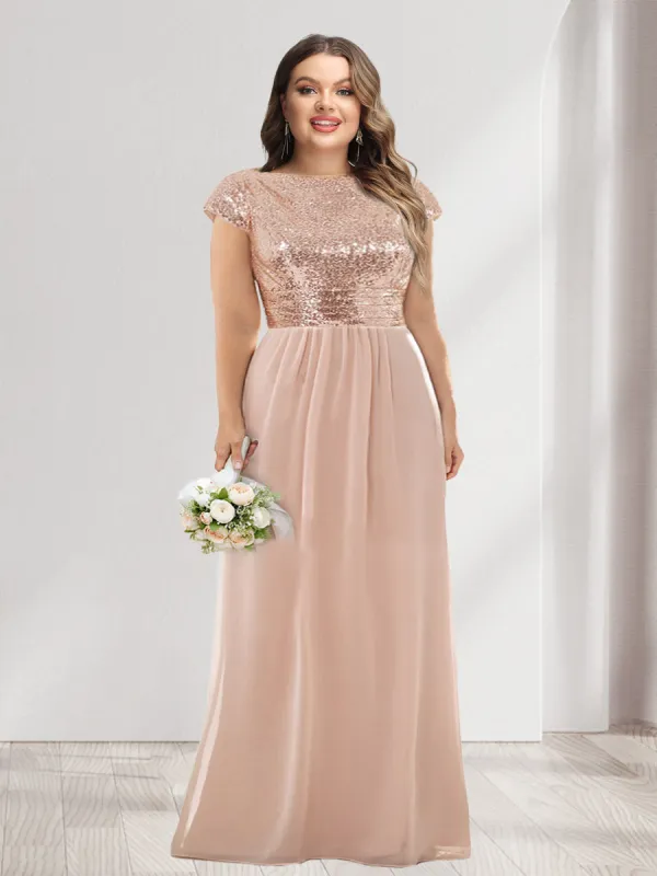 A-Line/Princess Scoop Short Sleeves Sequins Plus Size Bridesmaid Dresses sold by Lavetir