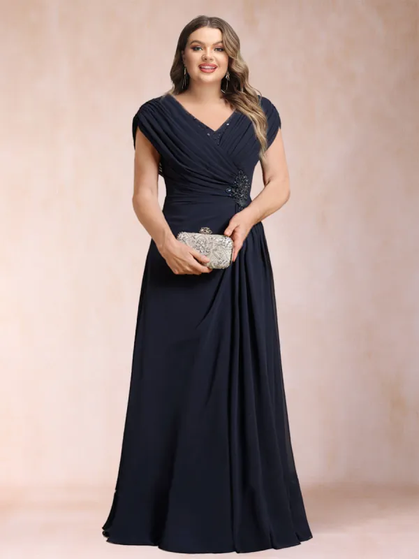 A-Line/Princess V-Neck Chiffon Ruched Plus Size Mother of the Bride Dresses with Appliques & Beading sold by Lavetir