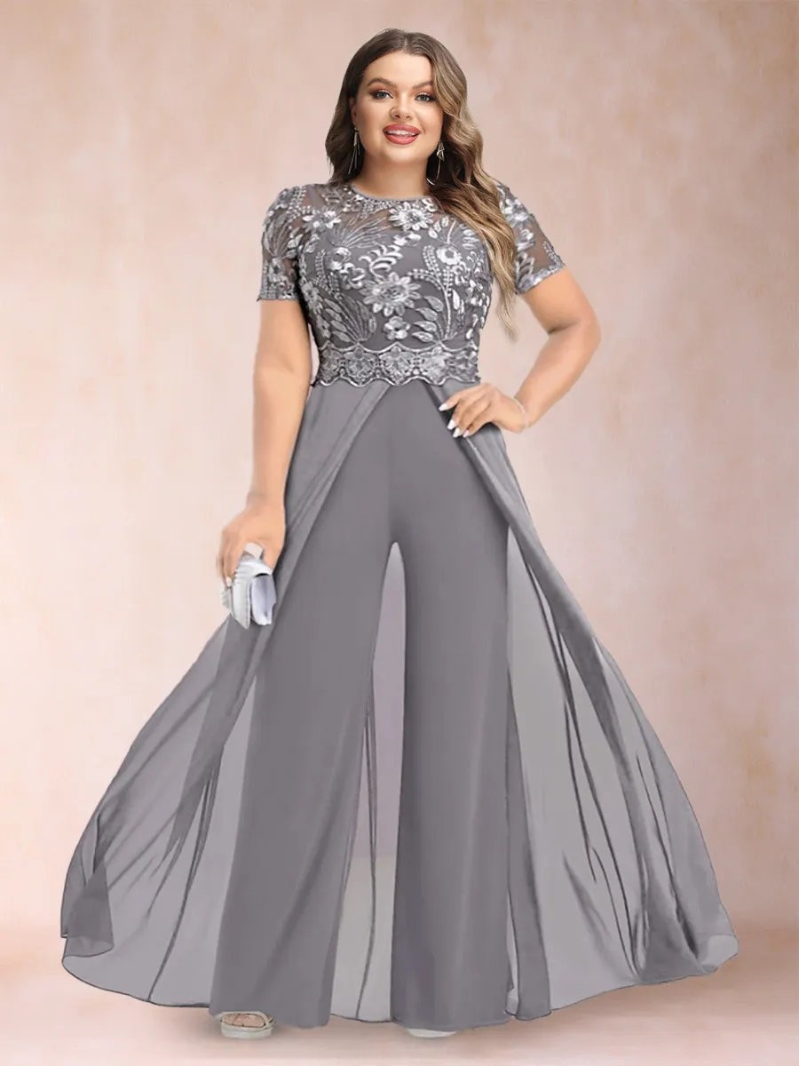 A-Line/Princess Scoop Short Sleeves 2 Pieces Plus Size Mother of the Bride Pantsuits with Applique sold by Lavetir