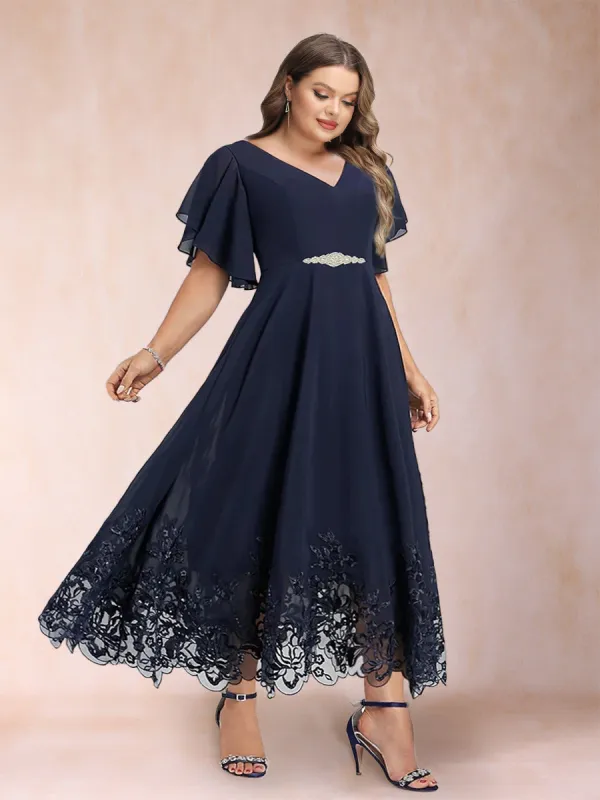 A-Line/Princess V-Neck Half Sleeves Plus Size Mother of the Bride Dresses with Applique sold by Lavetir