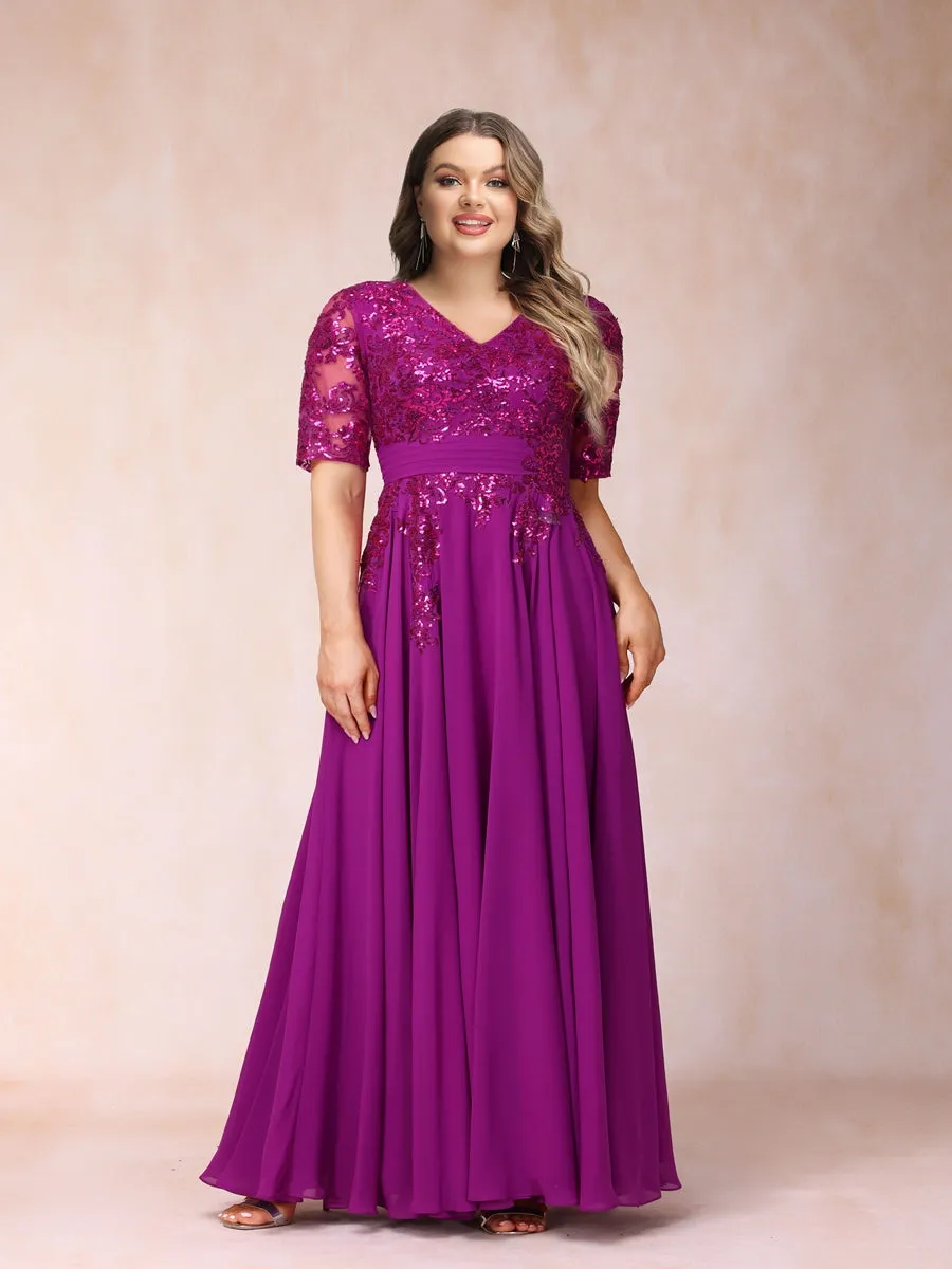 A-Line/Princess V-Neck Half Sleeves Long Formal Plus Size Evening Dresses with Sequins sold by Lavetir