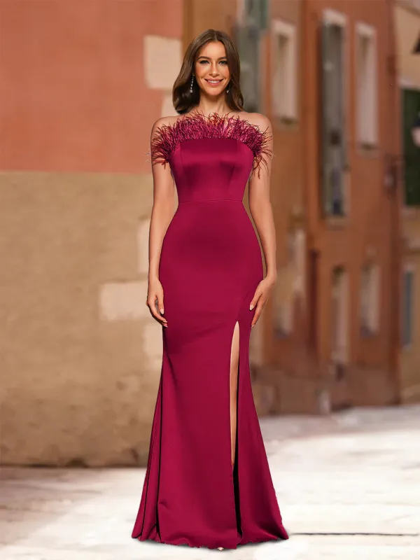 Trumpet/Mermaid Strapless Long Prom Dresses with Feathers sold by Lavetir