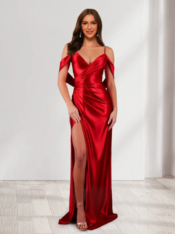 Sheath/Column V-Neck Cold Shoulder Ruched Bridesmaid Dresses with Split Side sold by Lavetir