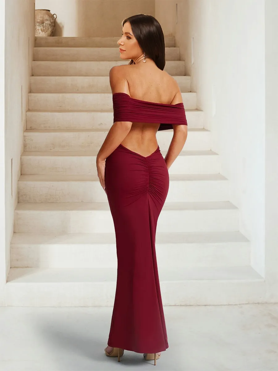 Sheath/Column Off-the-Shoulder Pleated Fitted Long Bridesmaid Dresses sold by Lavetir product image thumbnail 2