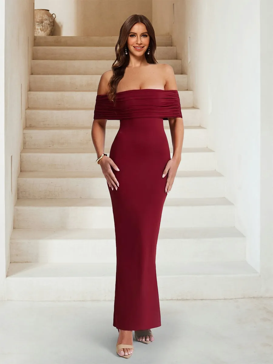 Sheath/Column Off-the-Shoulder Pleated Fitted Long Bridesmaid Dresses sold by Lavetir