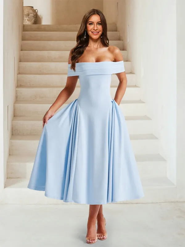 A-Line/Princess Off-the-Shoulder Tea-Length Bridesmaid Dresses with Pleats sold by Lavetir