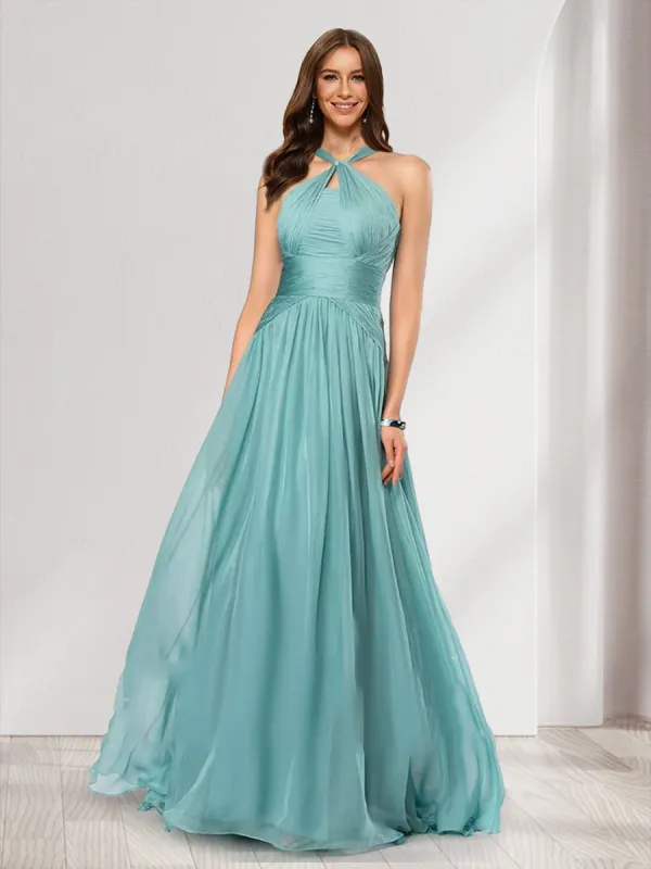 A-Line/Princess Halter Pleated Long Bridesmaid Dresses sold by Lavetir