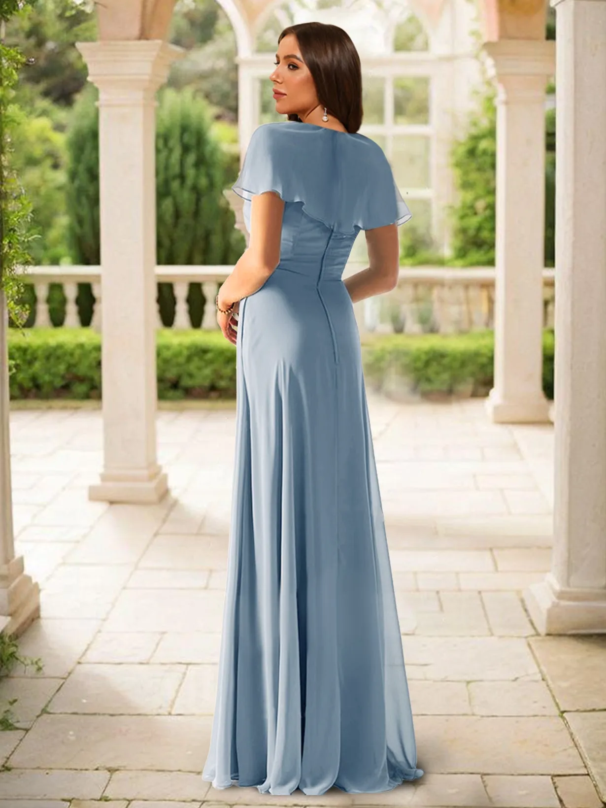 Sheath/Column V-Neck Short Sleeves Floor-Length Chiffon Bridesmaid Dresses with Split Side sold by Lavetir product image thumbnail 2