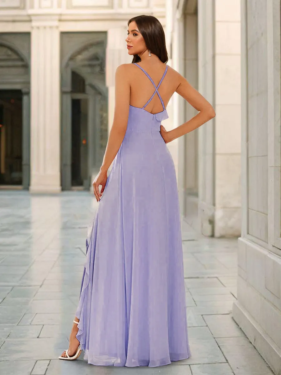 A-Line/Princess Spaghetti Straps Split Side Bridesmaid Dresses With Ruffles sold by Lavetir product image thumbnail 2