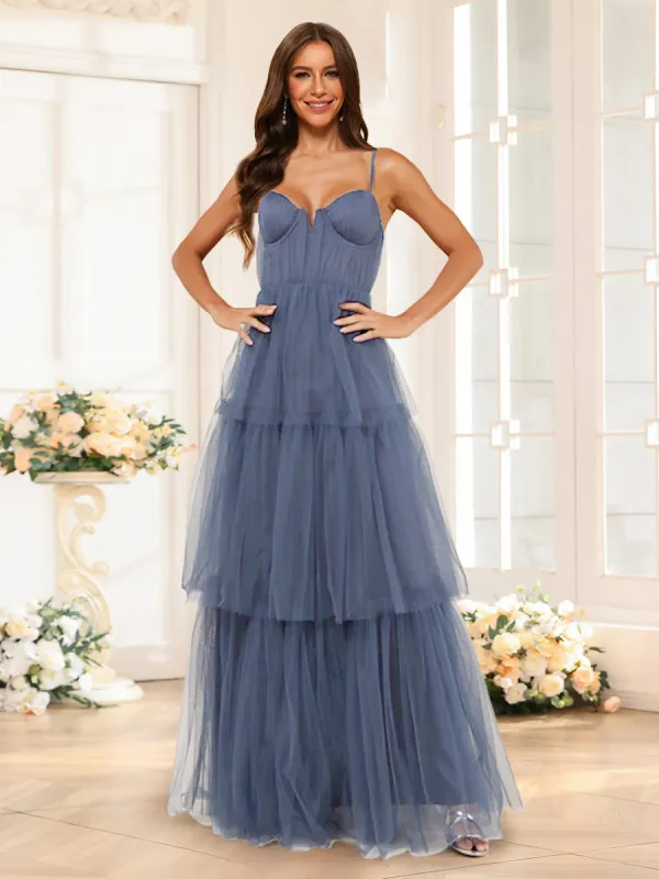 A-Line/Princess Spaghetti Straps Floor-Length Tulle Bridesmaid Dresses sold by Lavetir