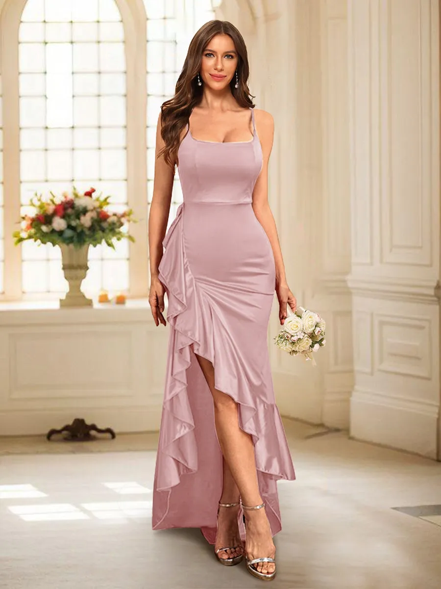Sheath/Column Scoop Straps Ruffled Long Bridesmaid Dresses with Split Side sold by Lavetir