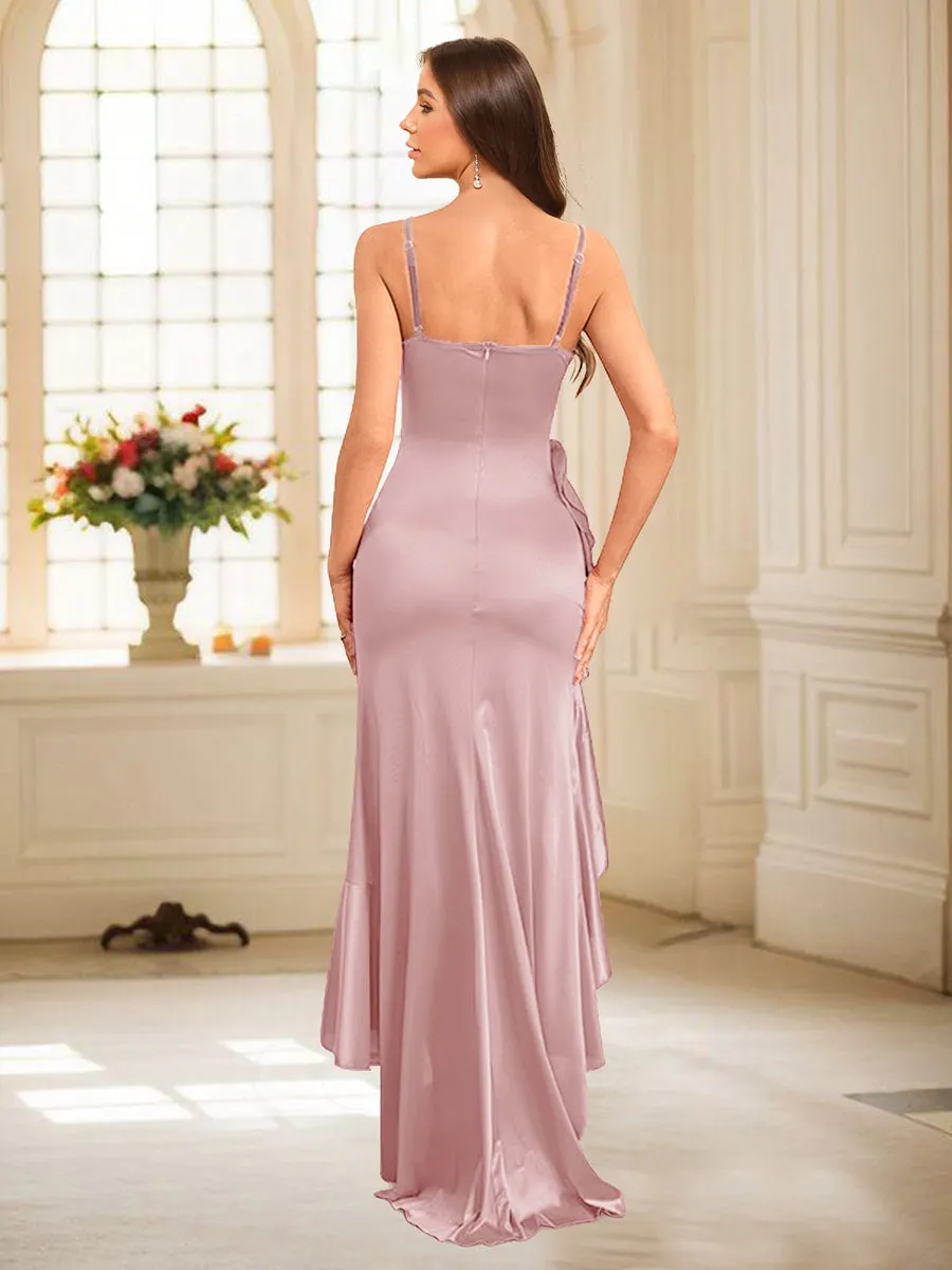 Sheath/Column Scoop Straps Ruffled Long Bridesmaid Dresses with Split Side sold by Lavetir product image thumbnail 2