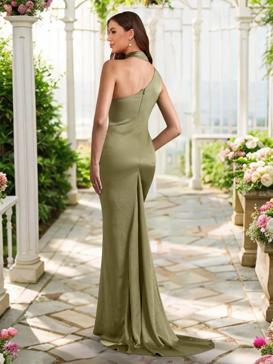 Sheath/Column Asymmetrical High Neck Ruched Long Bridesmaid Dresses with Sash sold by Lavetir product image thumbnail 2