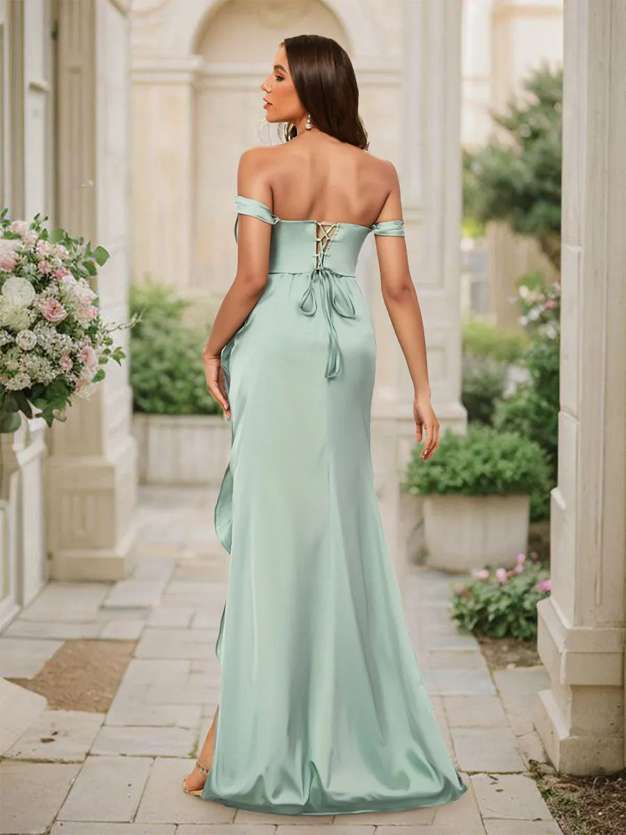 Sheath/Column Off-the-Shoulder Ruched Long Bridesmaid Dresses with Ruffles sold by Lavetir product image thumbnail 2