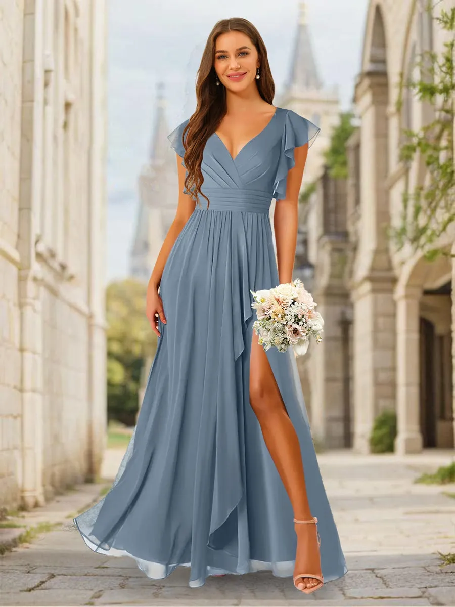 A-Line/Princess V-Neck Floor-Length Bridesmaid Dresses With Split Side sold by Lavetir