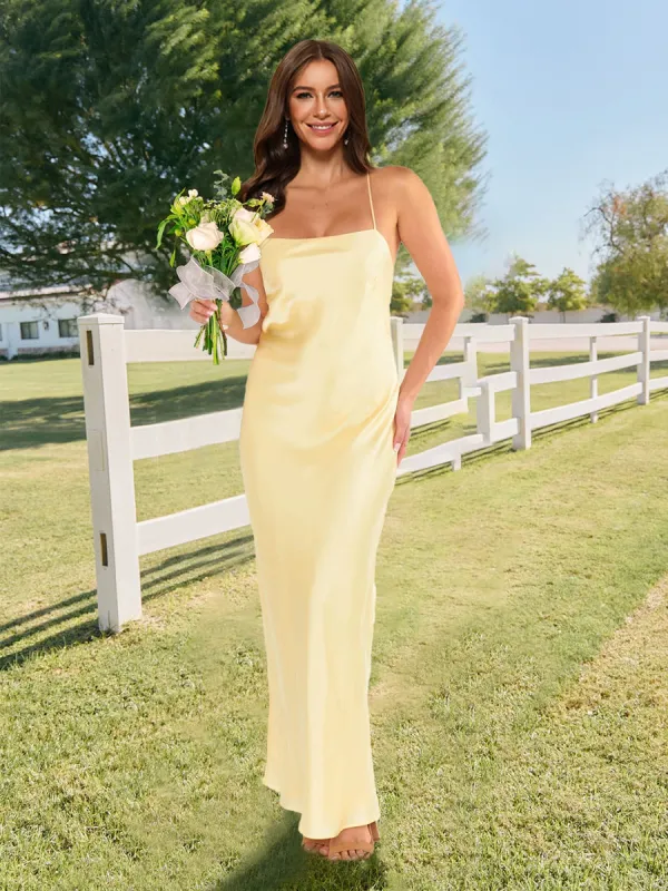 Sheath/Column Spaghetti Straps Floor-Length Lace-Up Bridesmaid Dresses sold by Lavetir