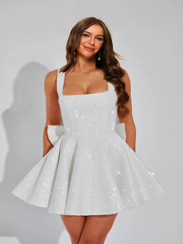 A-Line Square Neck Sequin Short Homecoming Dresses with Bow sold by Lavetir