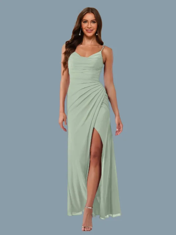 Sheath/Column Cowl Neck Straps Split Side Chiffon Bridesmaid Dresses sold by Lavetir