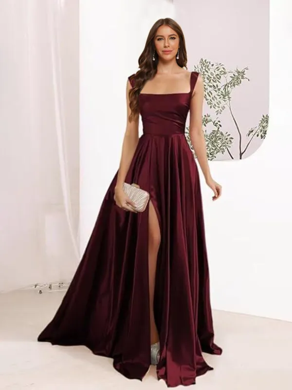 A-Line Square Neck Split Side Floor Length Bridesmaid Dresses sold by Lavetir