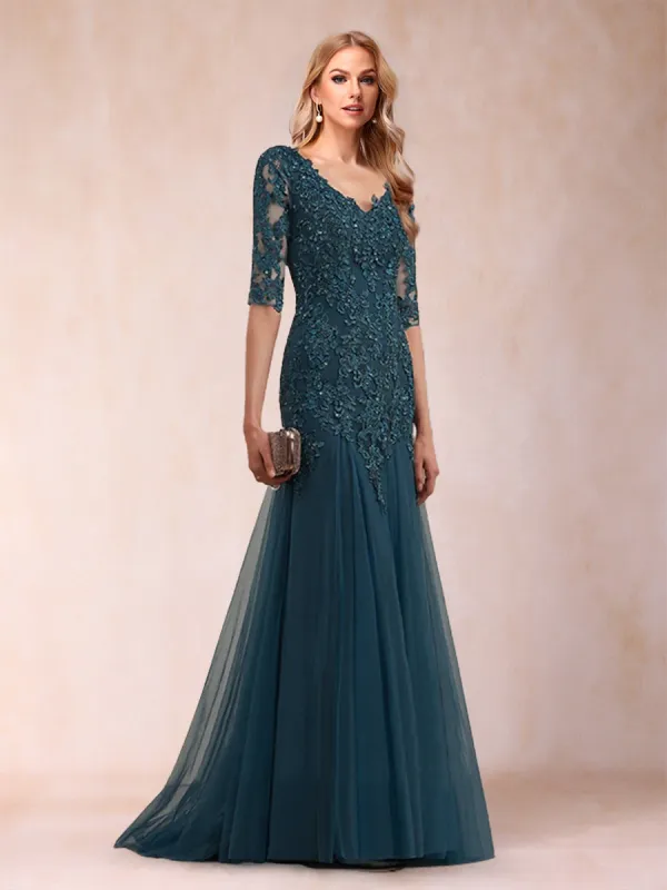 Trumpet/Mermaid V-Neck Half Sleeves Long Mother of the Bride Dresses with Appliques sold by Lavetir