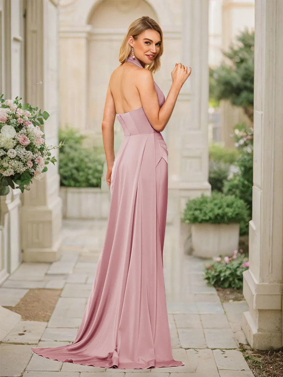 Sheath/Column Halter V-Neck Long Formal Dresses with Split Side & Ruched sold by Lavetir product image thumbnail 2