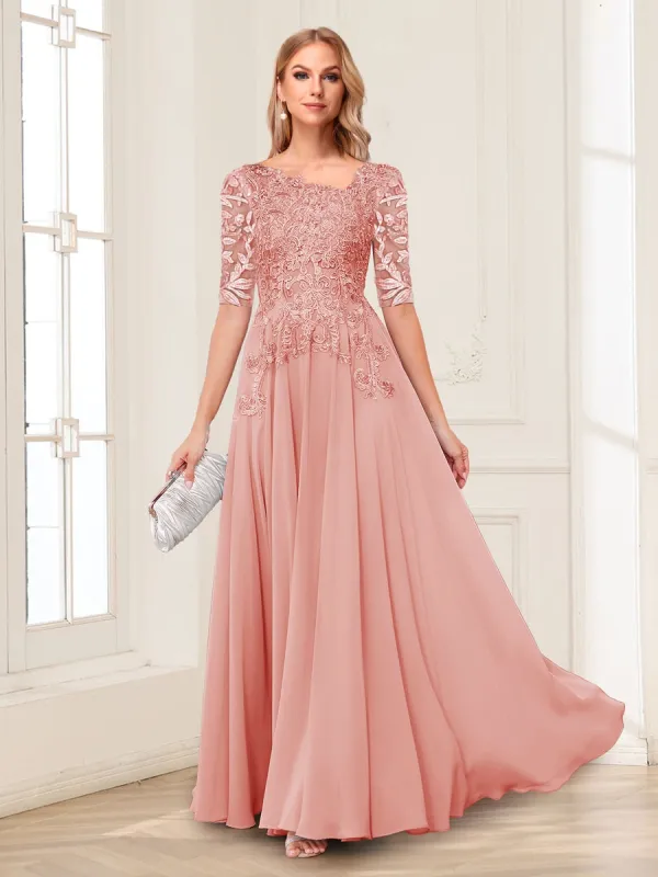 A-Line/Princess Asymmetrical Half Sleeves Chiffon Mother of the Bride Dresses with Applique sold by Lavetir