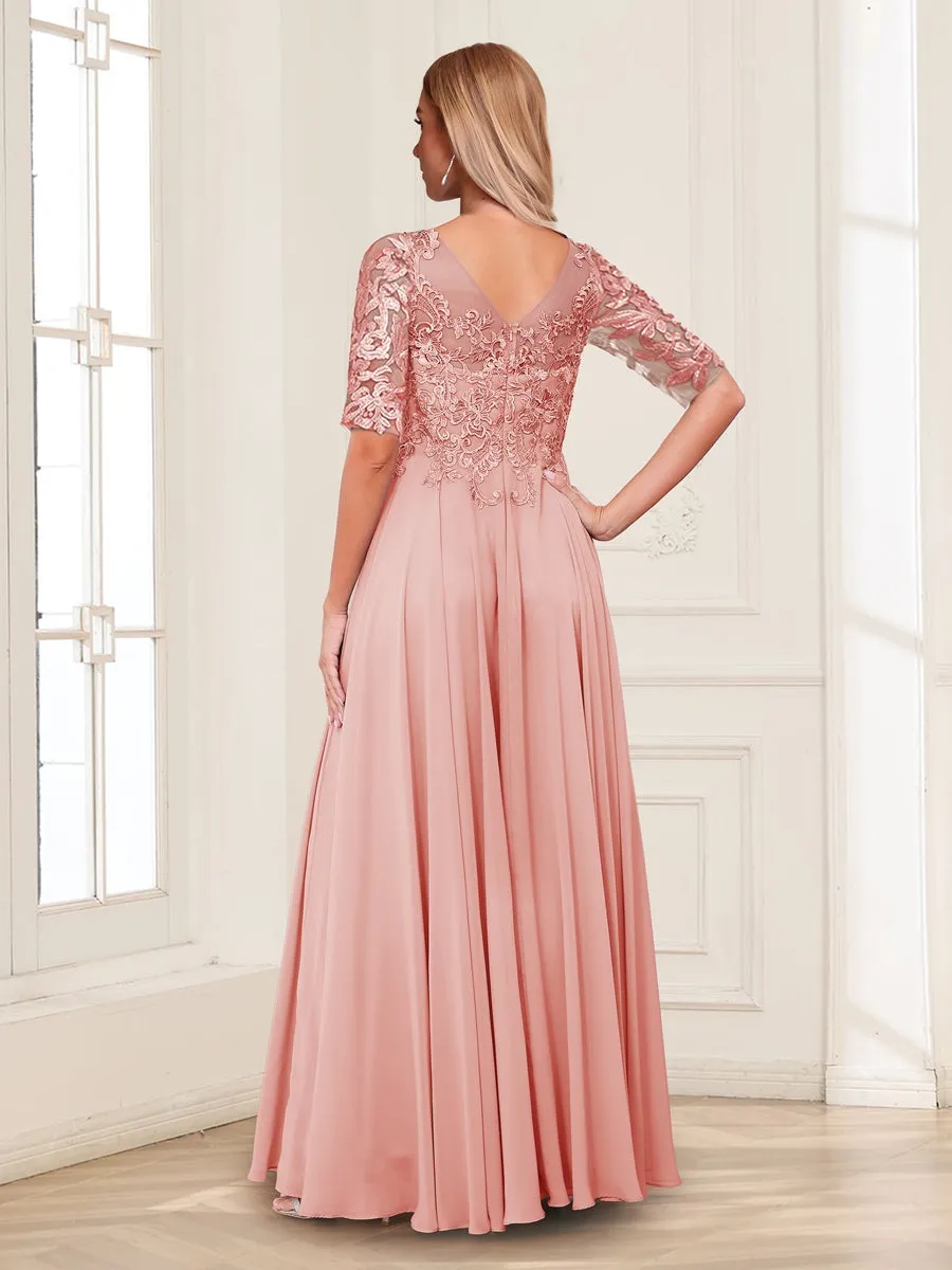 A-Line/Princess Asymmetrical Half Sleeves Chiffon Mother of the Bride Dresses with Applique sold by Lavetir product image thumbnail 2