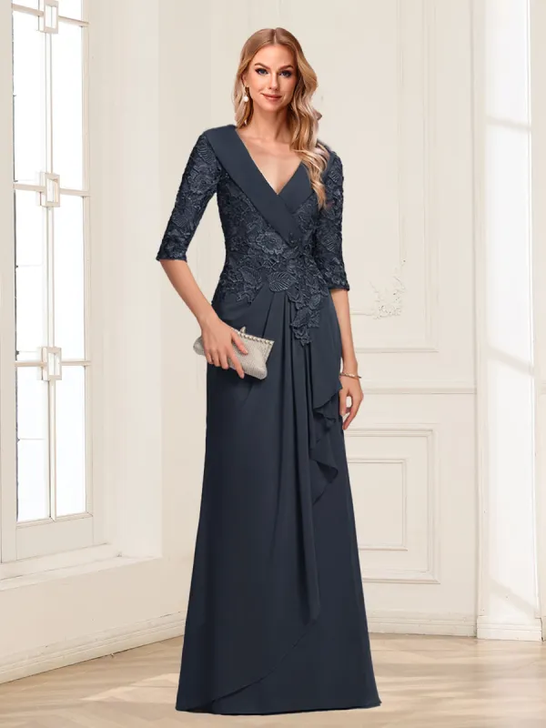 A-Line/Princess V-Neck 3/4 Sleeves Chiffon Mother of the Bride Dresses with Ruffles & Appliques sold by Lavetir