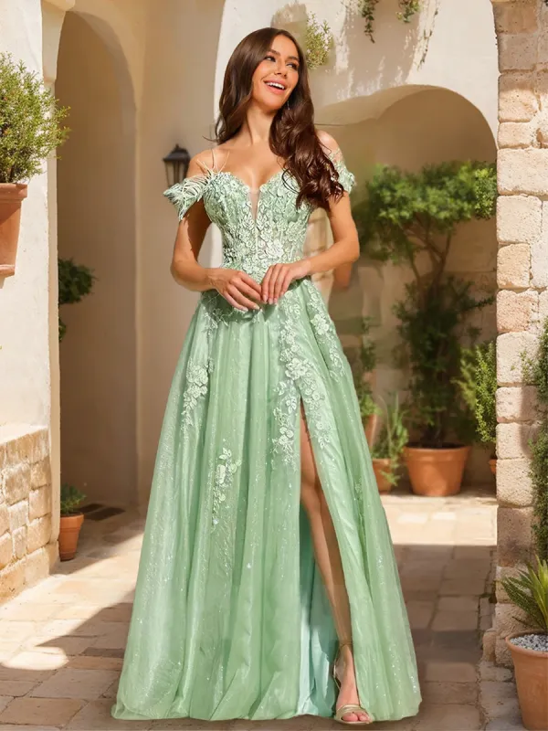 A-Line/Princess Cold-Shoulder Appliques Tulle Prom Dresses with Feathers sold by Lavetir