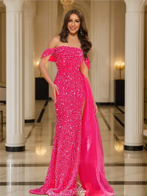 Sheath/Column Off-the-Shoulder Pleated Sequin Prom Dresses with Split Side sold by Lavetir