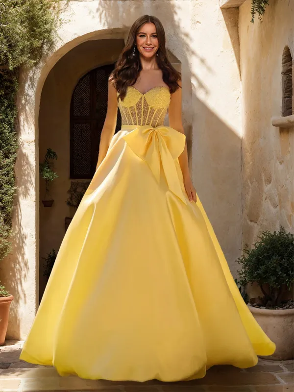 A-Line/Princess Sweetheart Sheer Corset Beaded Prom Dresses with Bow sold by Lavetir