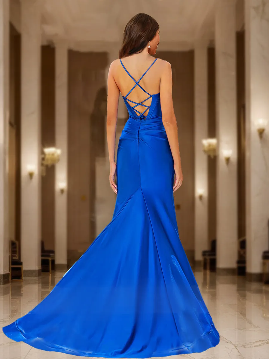 Trumpet/Mermaid Straps Corset Keyhole Pleated Long Prom Dresses with Bow sold by Lavetir product image thumbnail 2